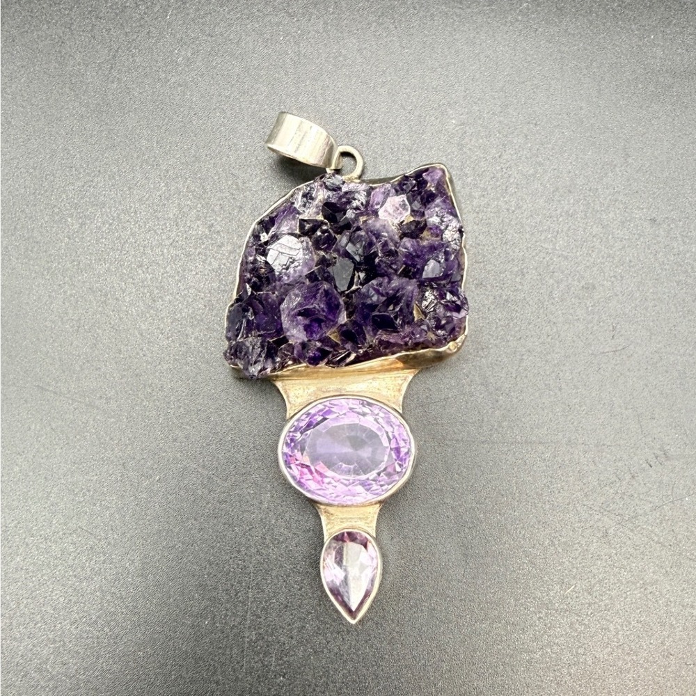 Large Amethyst Druzy Crystal Cluster 925 Sterling Silver Pendant 3" 46g